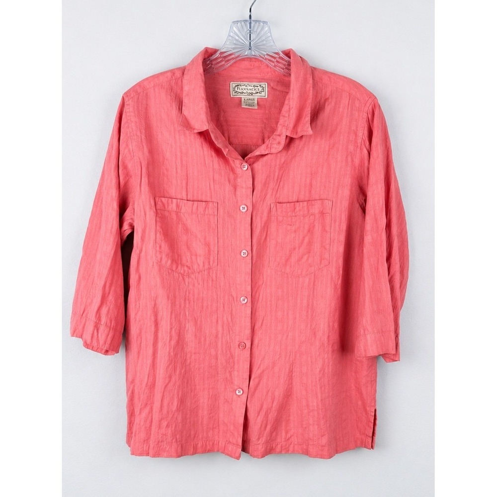 Flyshacker Coral Pink Textured Button Front Shirt Large Cotton Blend Outdoors